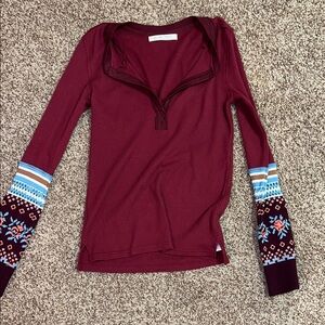 Women's Burgundy Top with Patterned Sleeves